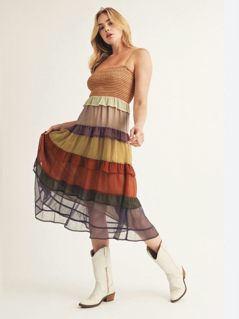 A739. Tiered Sheer Midi Skirt Dress in Autumn Multi